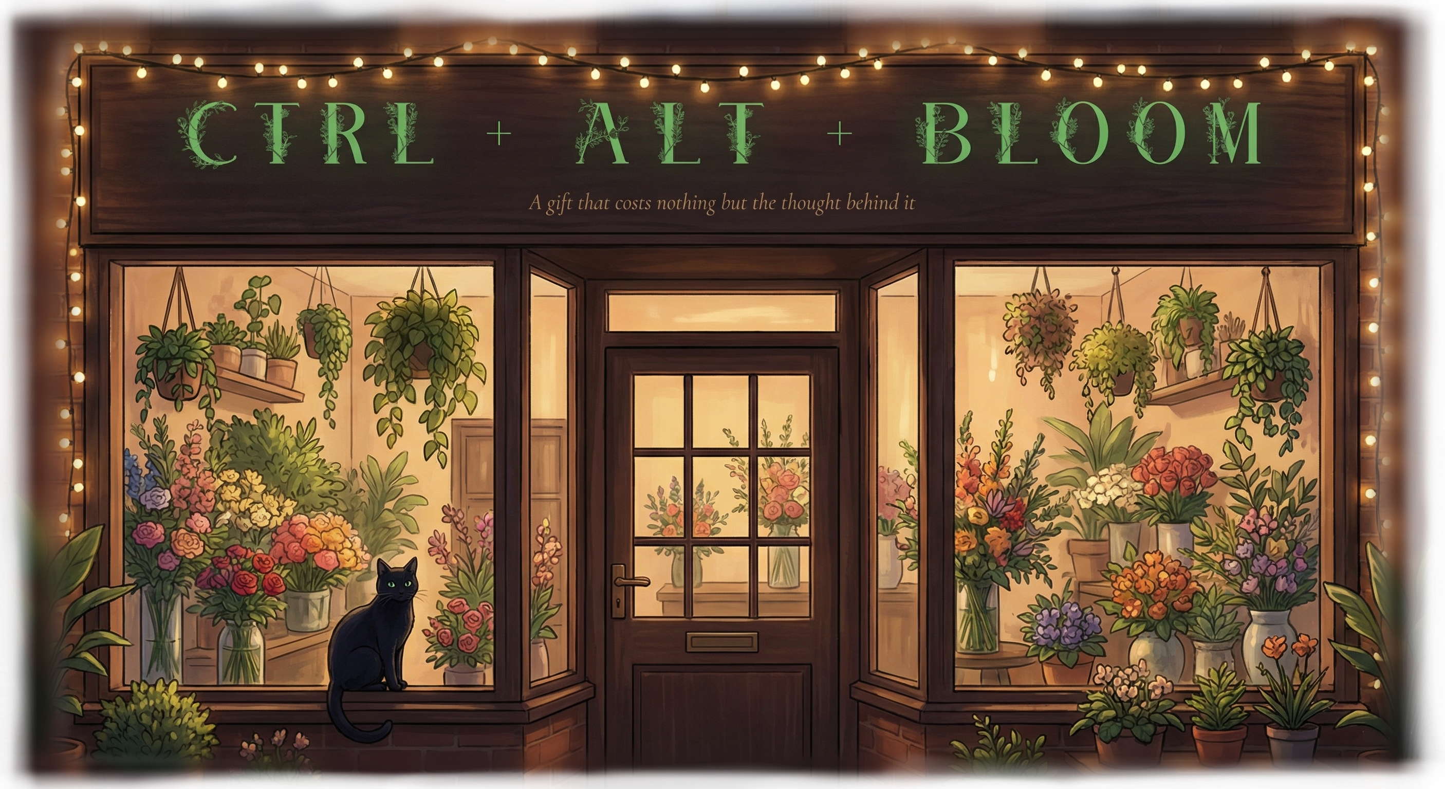 Ctrl + Alt + Bloom — A cozy flower shop at night with warm light glowing through the windows, flowers visible inside, and a black cat sitting on the windowsill. Click the door to enter.